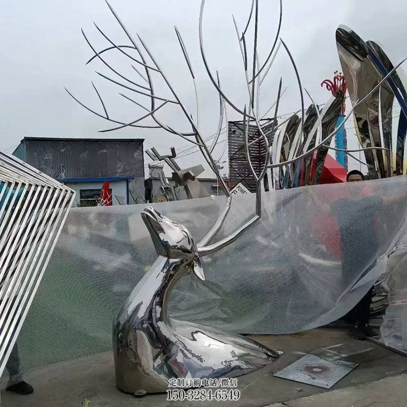 镜面鹿角雕塑 园林头像雕塑摆件订做 城市广场雕塑提供